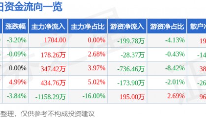 股票行情快报：*ST建艺（002789）3月23日主力资金净买入1704.00元