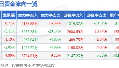 股票行情快报：中创环保（300056）7月29日主力资金净买入2133.88万元