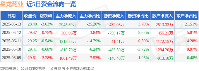 股票行情快报：盘龙药业（002864）6月13日主力资金净卖出2945.39万元