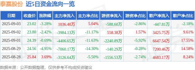 股票行情快报:泰嘉股份(002843)9月3日主力资金净买入1036.40万元