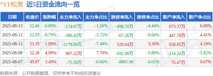 股票行情快报:*ST松发(603268)8月13日主力资金净卖出174.67万元